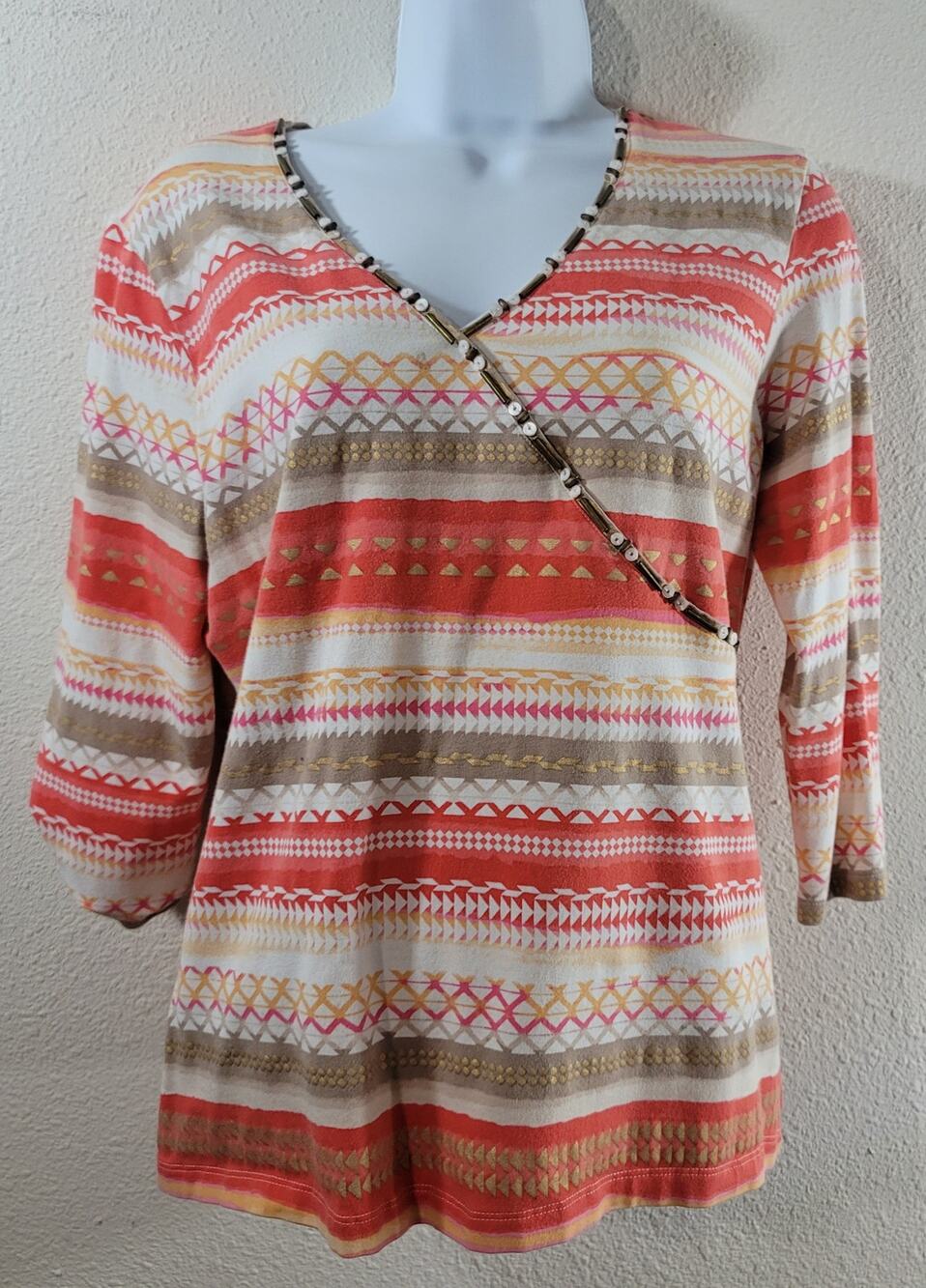 Ruby Rd. Orange Gold White Beaded V Neck Top Large Lightweight Soft Stretch